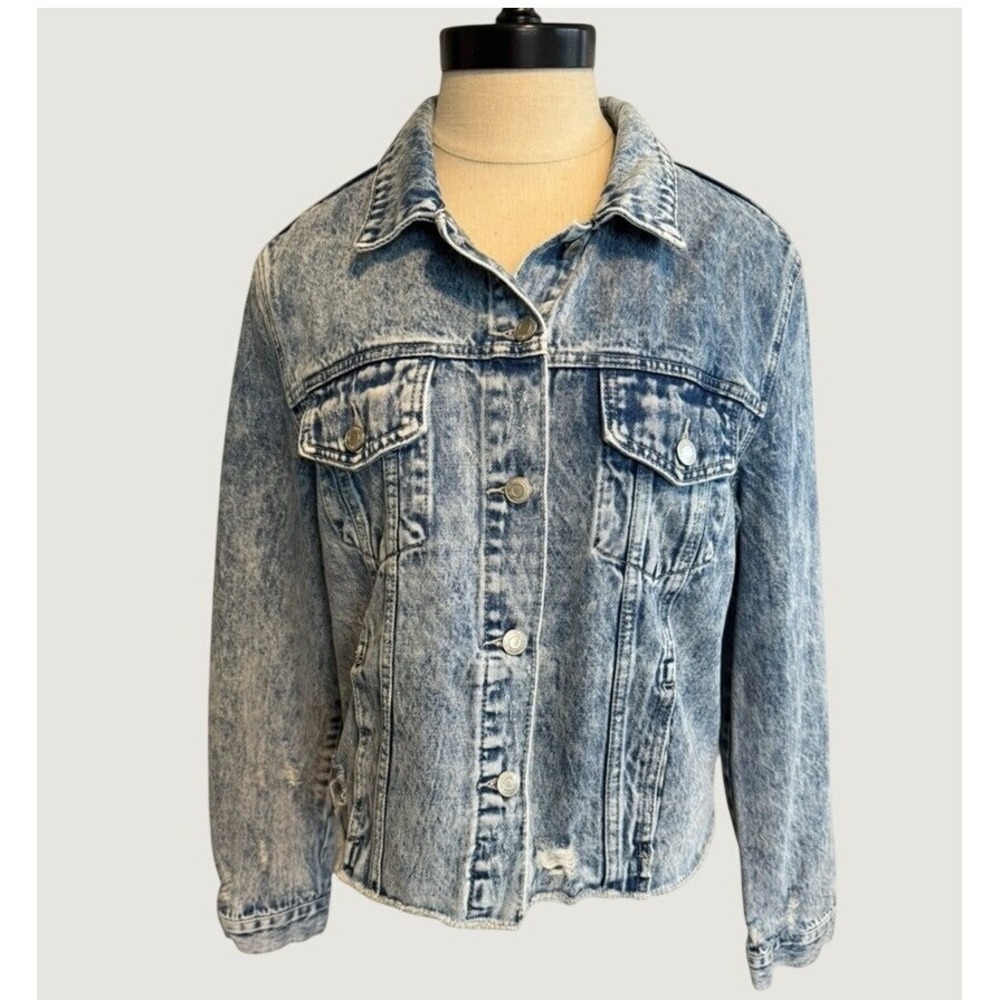 Vervet Los Angeles Acid Wash Distressed Denim Jacket Classic Crop Fit Large